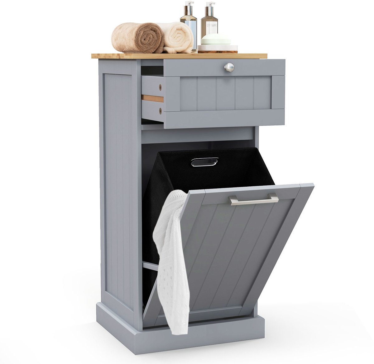 COSTWAY Waskast met wasmand, wasverzamelaar met lade, tafelblad van bamboe, badkamerkast, badkamerkast voor badkamer, bijkeuken, 40 x 37 x 82 cm (grijs)