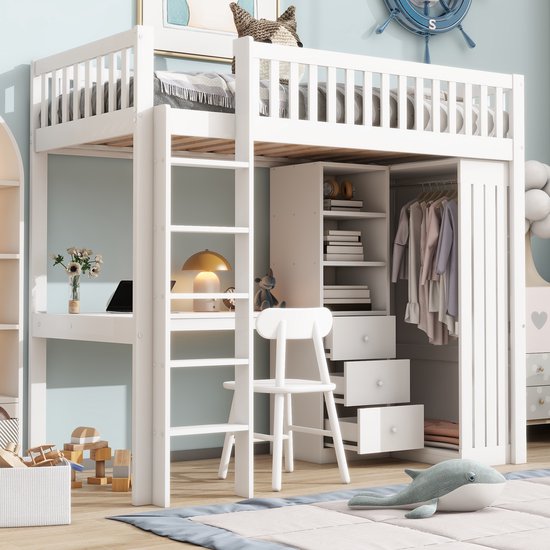 Sweiko Hoogslaper - 90*200cm - met Bureau + Kledingkast + 3-lades - Zonder stoel en matras - Wit