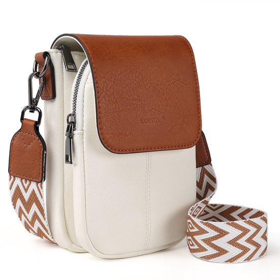 Sac bandoulière TAN.TOMI - Sac à bandoulière - Sac à main pour téléphone - Grande capacité - Sac à bandoulière en cuir PU avec portefeuille - Bandoulière large réglable et amovible - Wit/ Marron clair