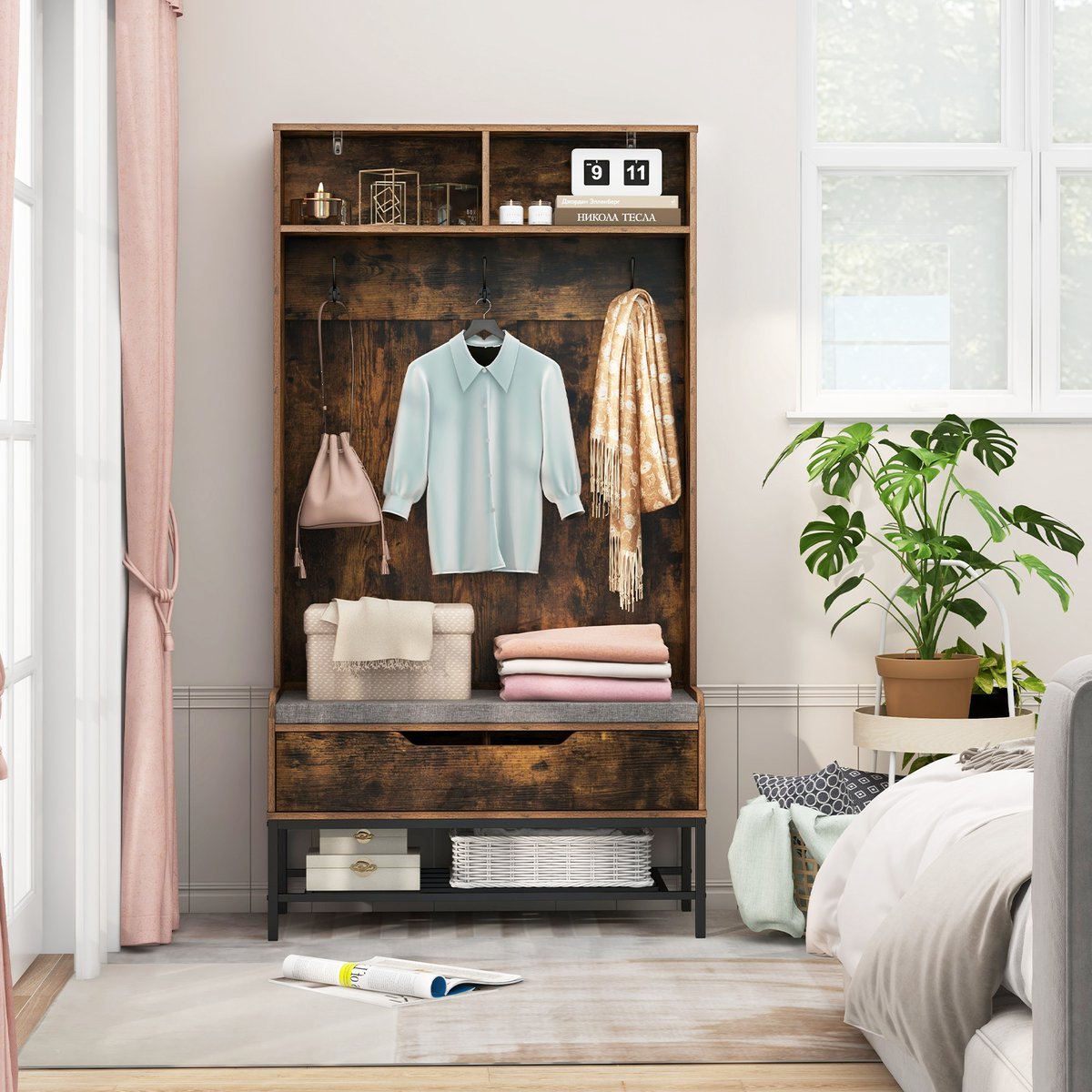 4-in-1 Kapstok met Zitbank – Garderoberek met Open Vakken - Schoenenkast en 3 Haken – Halgarderobe met Zitkussen – 90 x 38,5 x 170 cm – foto 2