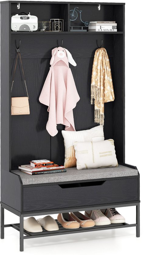 Foto: Costway kapstok met zitbank 4 in 1 garderobe met open vakken schoenenkast en 3 haken kledingstandaard met zitkussen halgarderobe voor ingang woonkamer 90 x 38 5 x 170 cm