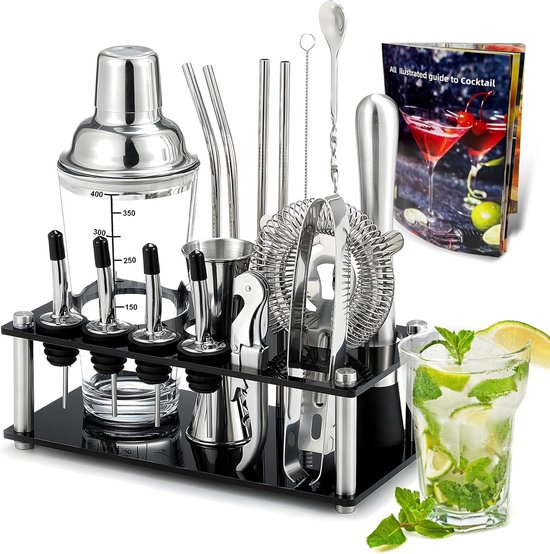 MUOIVG Cocktail Set, Edelstahl Cocktail Shaker Set, 17 Teiliges Barkeeper Set,750ml Cocktailshaker Set mit Acryl Ständer, Rezeptbuch, Öffner, Messbecher und Bar Löffel ect, für Zuhause oder die Bar