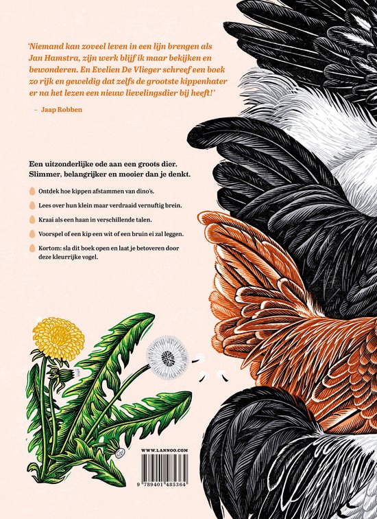 Achterkant van een boek met close-ups van gekleurde veren, tekst en paardenbloemen.