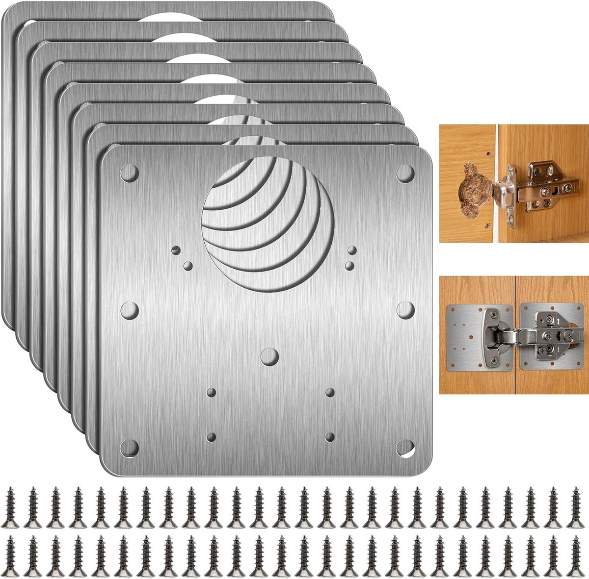 Famanu - 8 stuks Scharnierreparatieplaat, keukenscharnier, reparatieplaten met 48 schroeven, 9 x 9 cm, roestvrij stalen scharnier, reparatieplaat voor de reparatie van deur, kast, woonmeubel, lade, kisten,