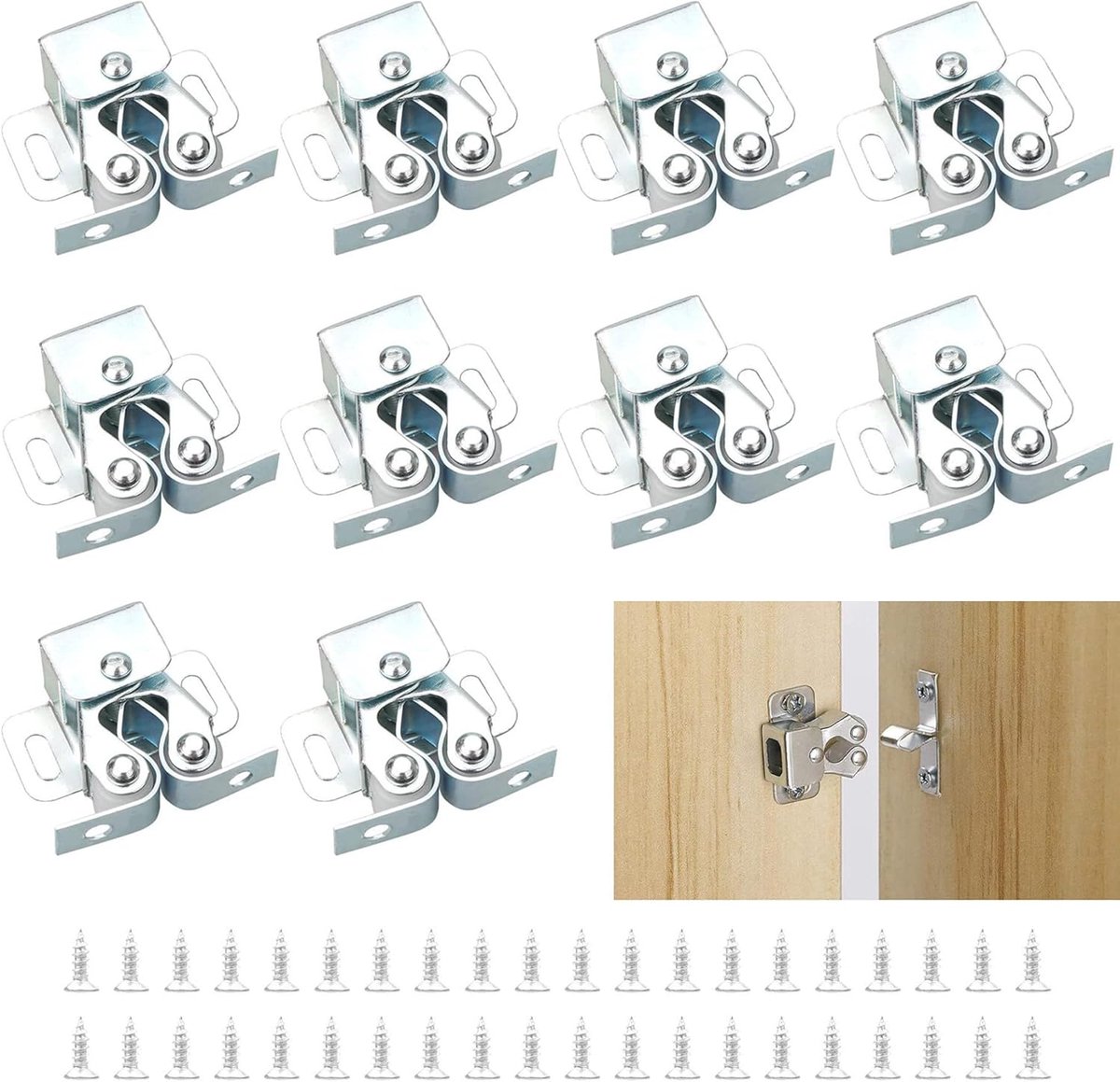 Famanu - Kast deur Dubbele bal Roller Catch Latch 10 stuks cabinet roller catch met 40 schroeven rolvangers twin roller catch voor kasten, meubels (Zilver)