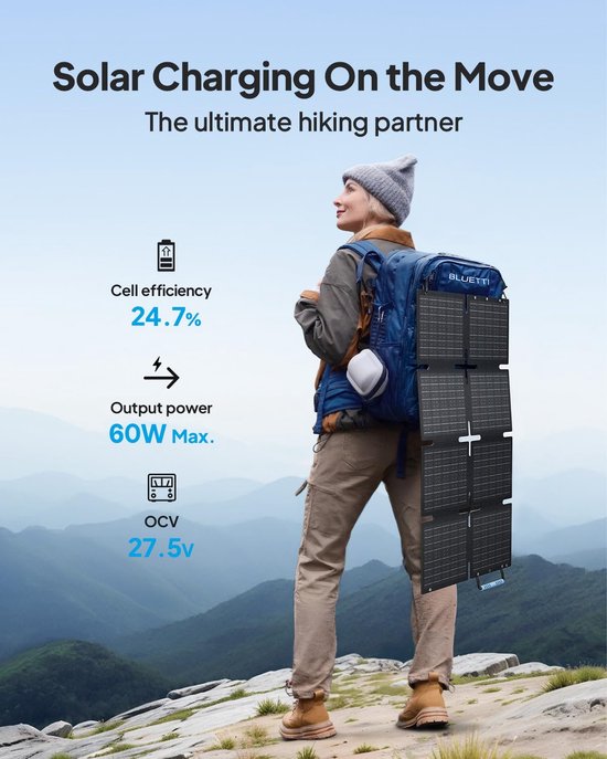 BLUETTI 60W zonnepaneel voor draagbaar energiestation Handsfree 1/Handsfree 2/ AC2A/EB3A/Elite 30 V2/ AC50B. USB-A en USB-C-poort voor tablet, telefoon, drone, opvouwbare zonnelader voor wandelen, kamperen, reizen van BLUETTI — afbeelding 4