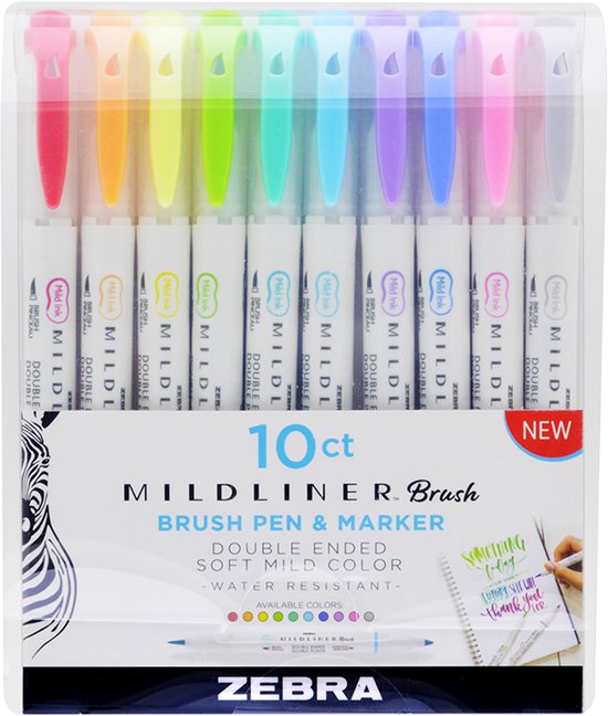 Zebra Mildliner Brush Set – Creative marker – Twinmarker – Tekstmarker – Brede + brush punt – 10 stuks