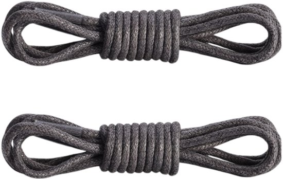 Twee stuks ronde, gewaxt katoenen schoenveters in de kleur grijs, samengebonden.