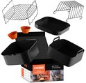 Stapelbare roosters, bakvorm, muffinvormpjes en een schaal voor airfryer accessoires, met de verpakking op de voorgrond.