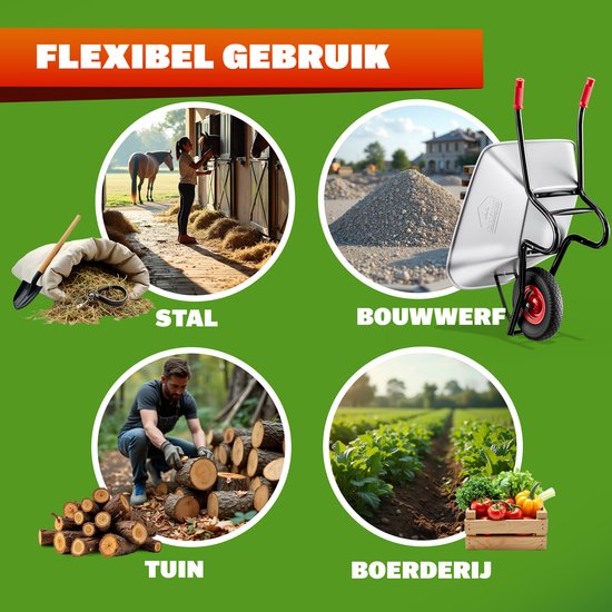 Kruiwagen in gebruik bij stal, bouwplaats, houtstapel en boerderij. "FLEXIBEL GEBRUIK".