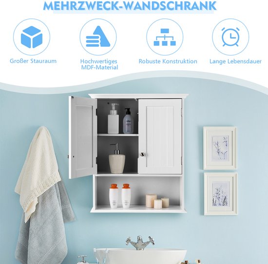 COSTWAY Meuble mural pour salle de bain, meuble de salle de bain en bois avec portes et étagères réglables, meuble mural, meuble de cuisine pour salle de bain, cuisine, chambre, 60 x 19 x 71 cm (blanc)