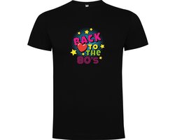 Zwart T-Shirt met “Kleurrijke Back to the 80's – Casettebandje – Jaren 80 – Good Vibes – Muziek “ Print Full Color Maat S