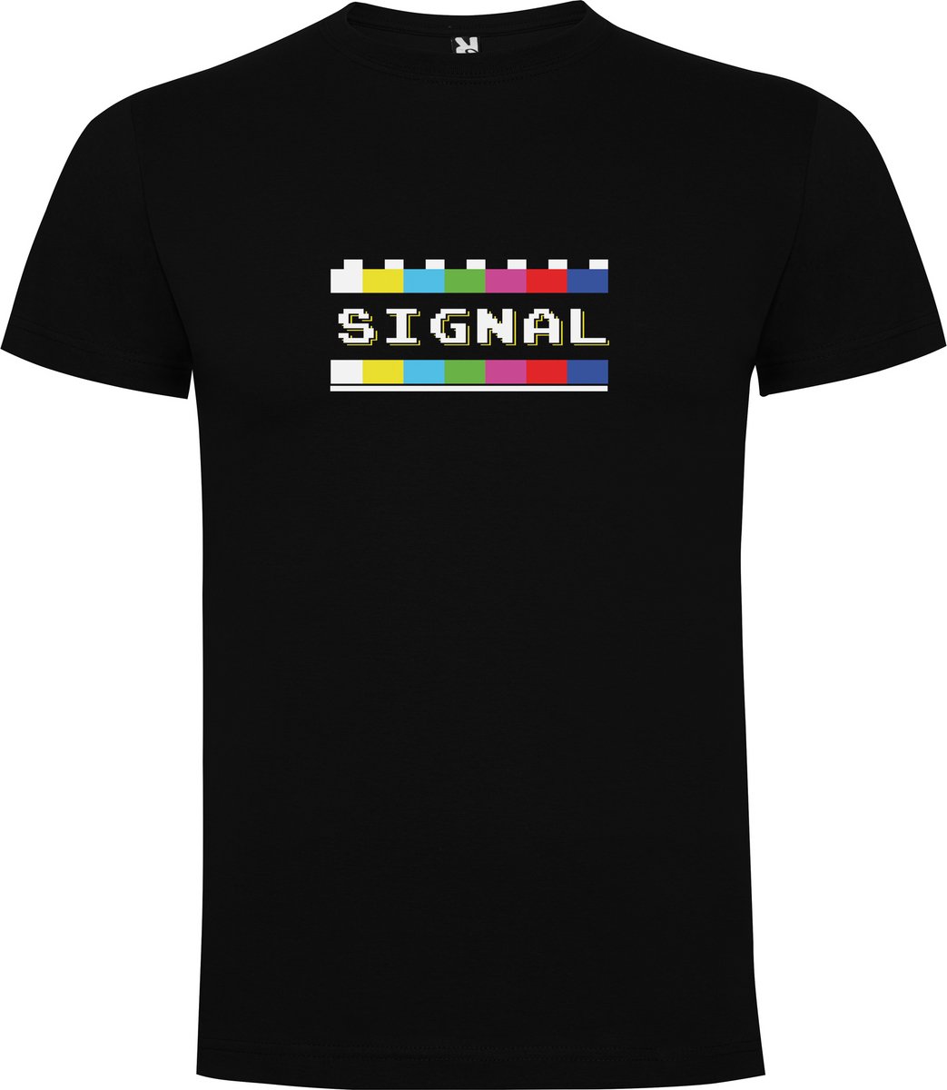 Zwart T-Shirt met “Kleurrijke Testbeeld tv - Signal – Jaren 80 – Good Vibes – Herkenbaar “ Print Full Color Maat 2XL