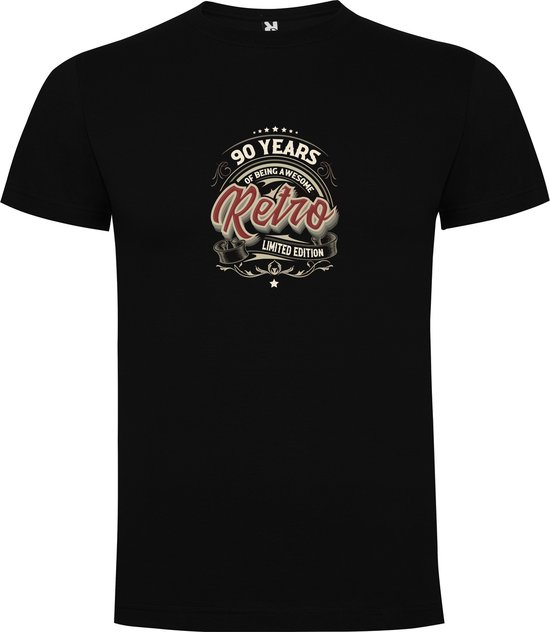 Zwart T-Shirt met “Kleurrijke 90 Years of being Awesome Retro Limited edition - Verjaardag – Good Vibes “ Print Full Color Maat S