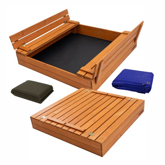 Afsluitbare Zandbak met Banken 100x100 cm – GECERTIFICEERD & GEÏMPREGNEERD HOUT | Incl. Afdekzeil & Gronddoek | Voor 1 Kind