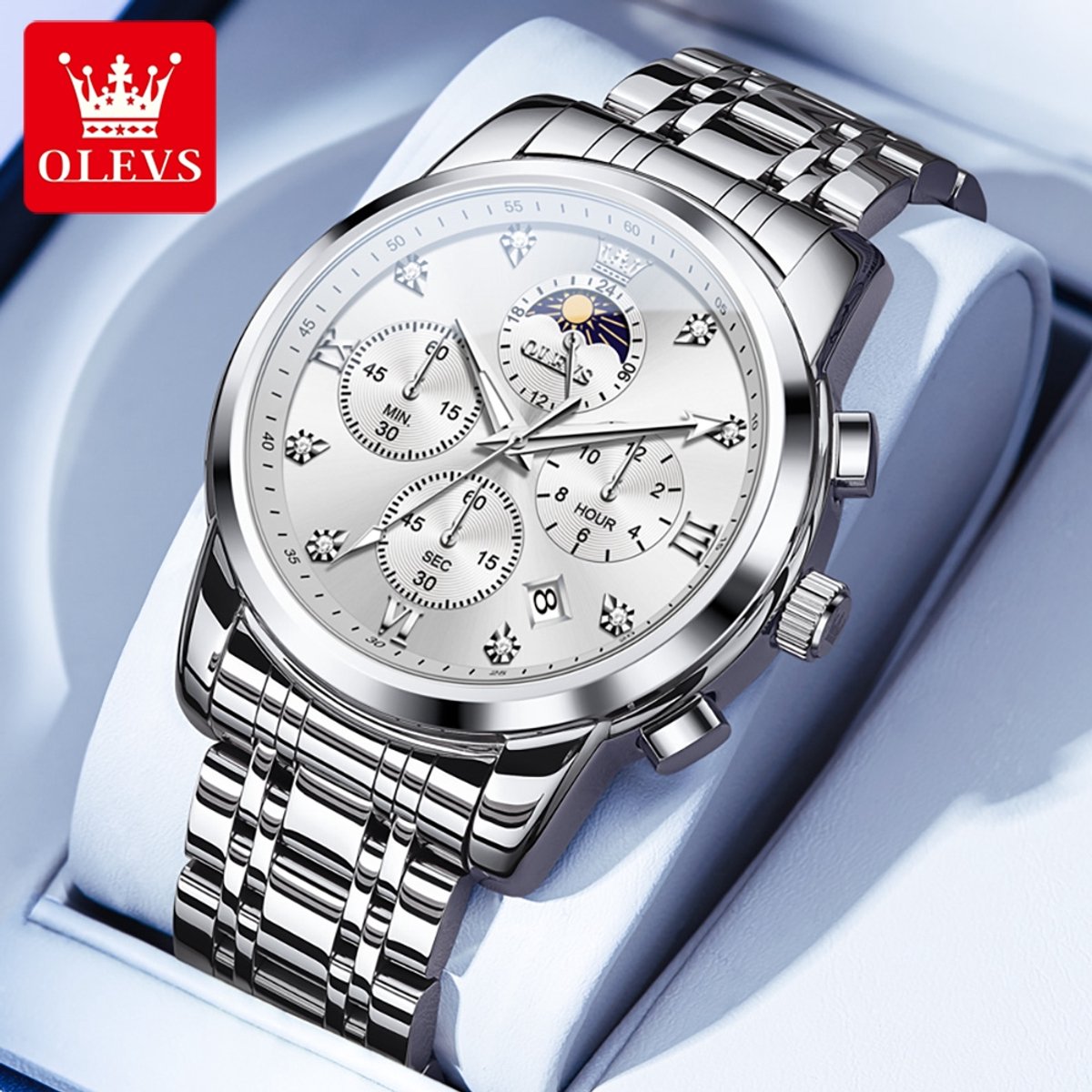 HO-3655.z : OLEVS zilverkl edelstaal chronografisch quartz horloge, zilverkl wijzerplaat, 2de tijdzone uren minuten maanfase -aanduiding, diamant, zirkonia