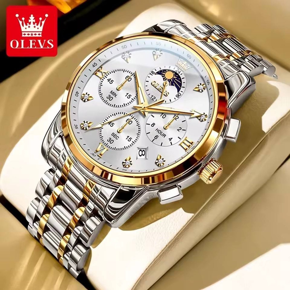 HO-3655.gz-z : OLEVS zilver-goudlkl edelstaal chronografisch quartz horloge, zilverwitte wijzerplaat, 2de tijdzone uren minuten maanfase -aanduiding, diamant, zirkonia