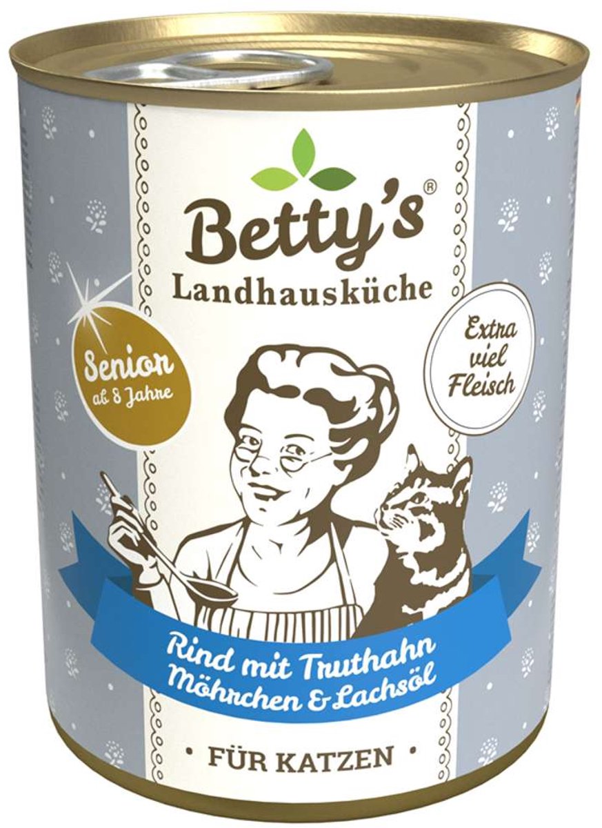 Betty's Landhausküche Cat - Senior blikjes 6x400g - rundvlees, kalkoen, wortels & zalmolie