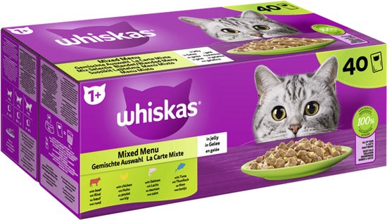 Whiskas Natvoer: 15x Echt Pure Kattenliefde 16 Whiskas 'Mixed Menu' nat kattenvoer in gelei - rund, kip, zalm & tonijn - 40 x 85g