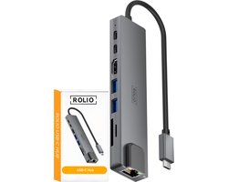 Rolio USB C Hub - 8 in 1 hub - 1x HDMI 4K - 1x Ethernet - 2x USB-C - 2x USB-A - 2x Kaartlezers - USB Splitter - Geschikt voor Macbook Pro / Air / Windows / Universeel
