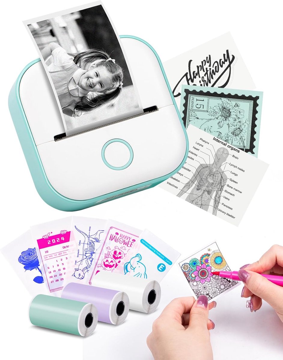 Label printer - Sticker Printer Draagbare labelprinter - Inktloze Sticker Printer Machine voor Leren/Studie-aantekeningen/Anatomische Diagram/Foto's - Sticker Printer - Groente