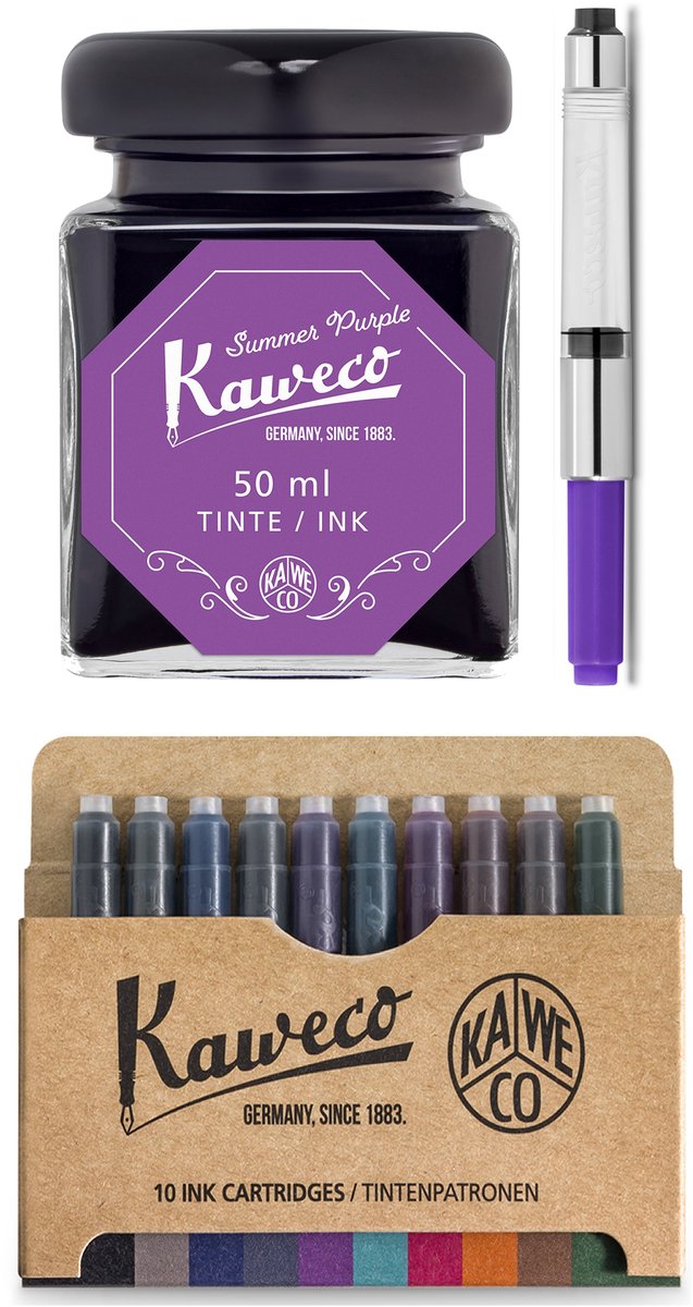 Kaweco - Ink bottle en Standaard Converter - Summer Purple - potje vulpeninkt - Paarse originele Kaweco-inkt in 50 ml glas - Converter met paarse achterkant - doosje 10 patronen