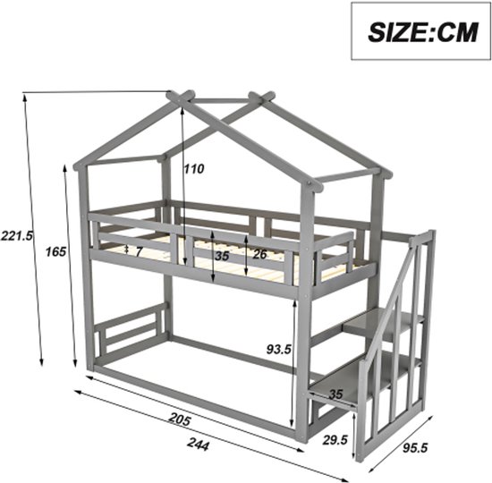 Idemon Stapelbed, 140 x 200 cm, met ladder en glijbaan, huisbed, kinderbed met leuning, geschikt voor kinderen, jongeren (grijs
