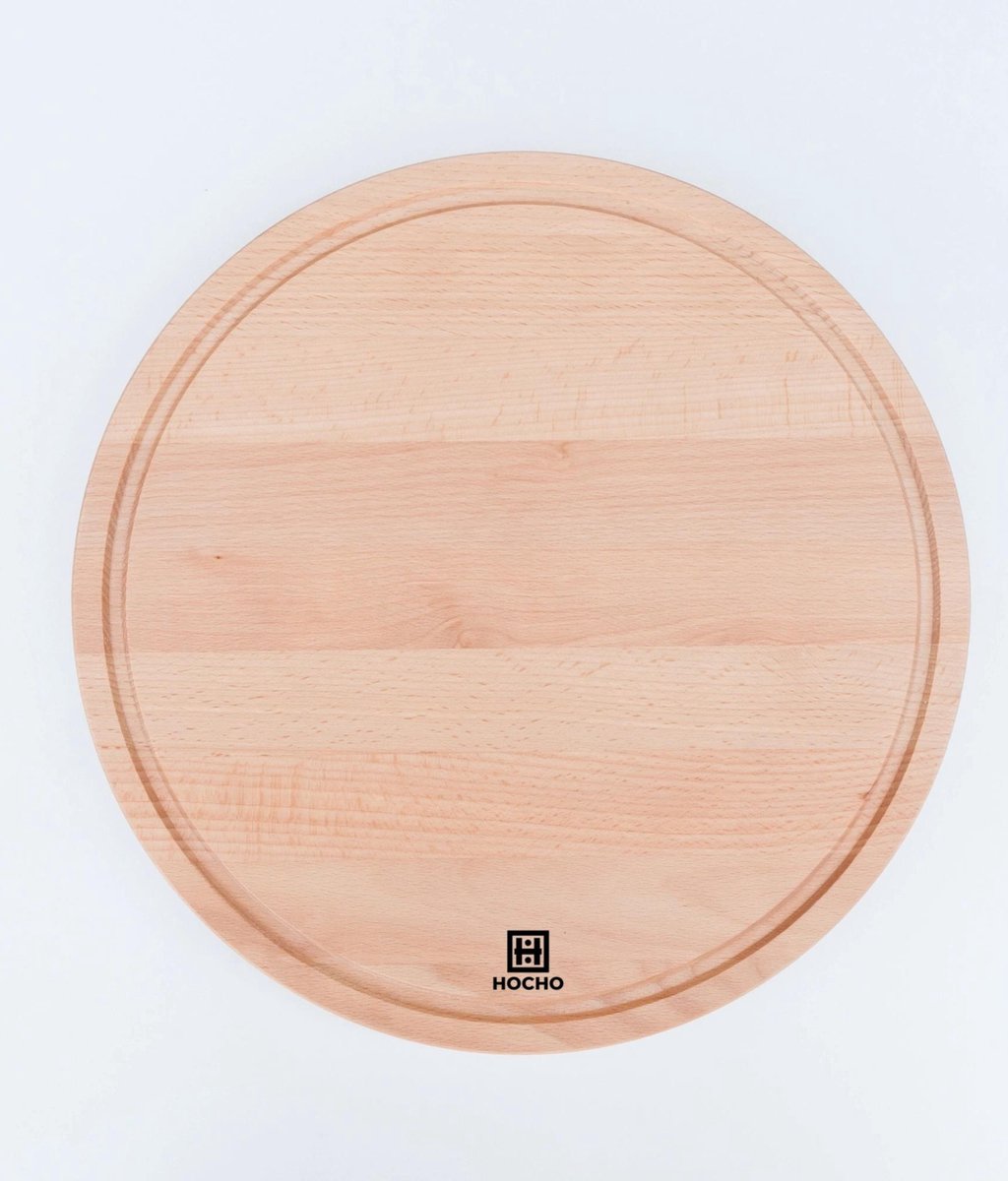 HOCHO Dikke Ronde Snijplank met Sapgeul en Handgrepen – Beukenhout – Ø 350x40 mm