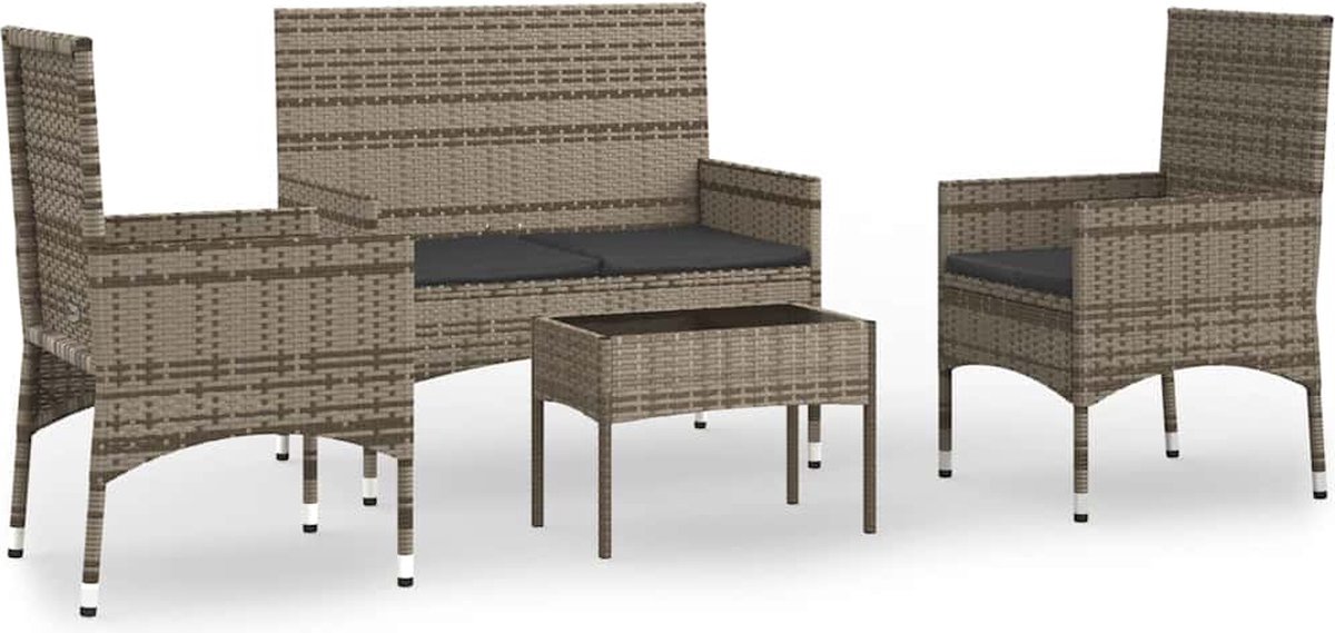 Grijze poly rattan loungeset met kussens voor tuinmeubilair - The Living Store.