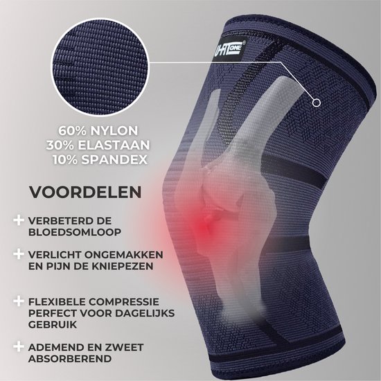 Donkerblauwe kniebrace met transparante knie, toont "voordelen", "60% nylon, 30% elastaan, 10% spandex".