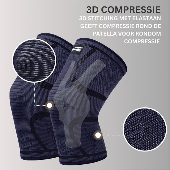 Twee donkerblauwe kniebraces met gedetailleerde close-up stoftextuur en knie-illustratie.