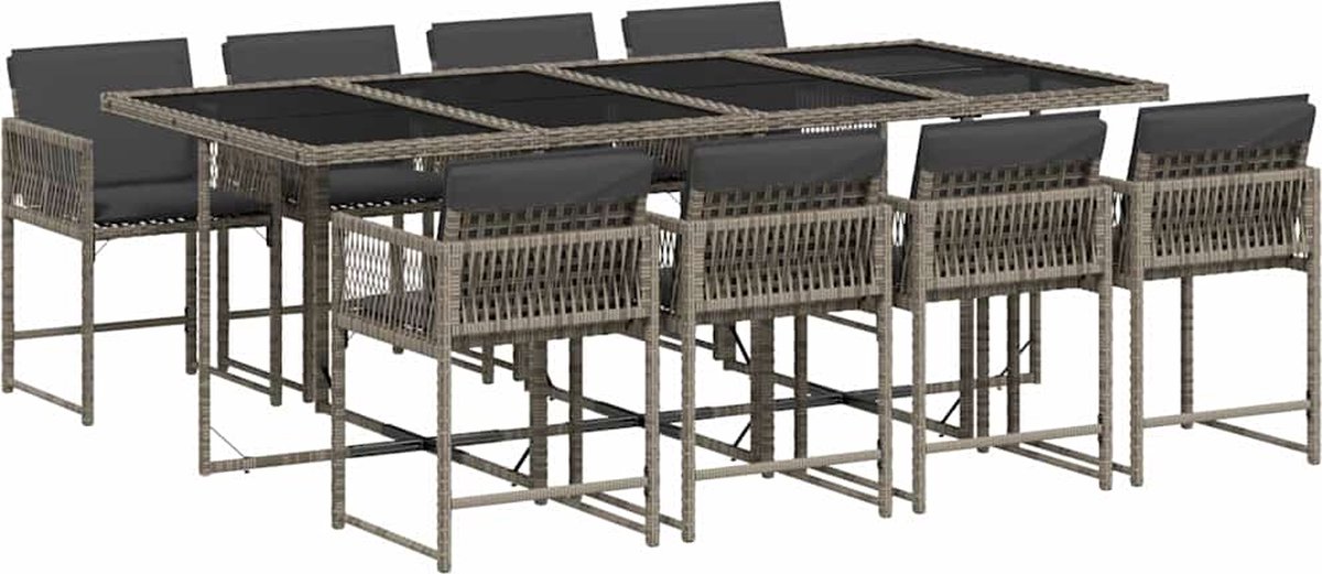 The Living Store 9-delige Tuinset met kussens poly rattan grijs - Tuinset - Buitentijd - Lounge Set - Eetkamerset - PE Rattan