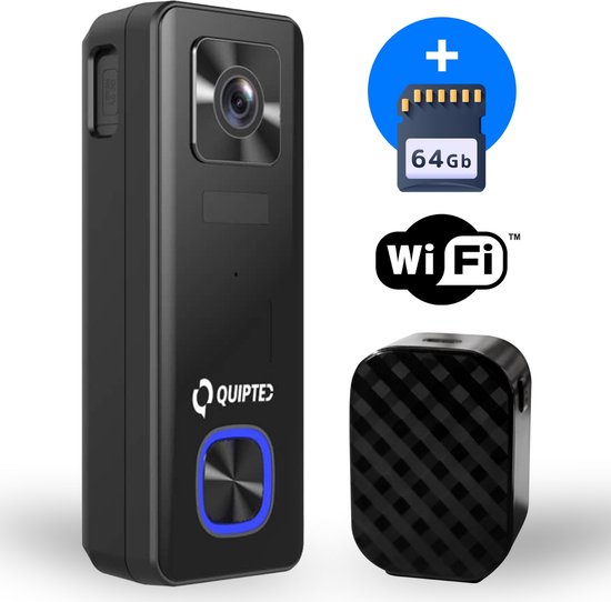 Quipted Slimme Draadloze Video Deurbel Met Camera - Deurbel Draadloos WiFi - Draadloze Deurbel met Accu - Waterdicht - Incl. draadloze gong - Incl. 64GB SD - Geen Abonnement - 5mp - 2K Ultra HD