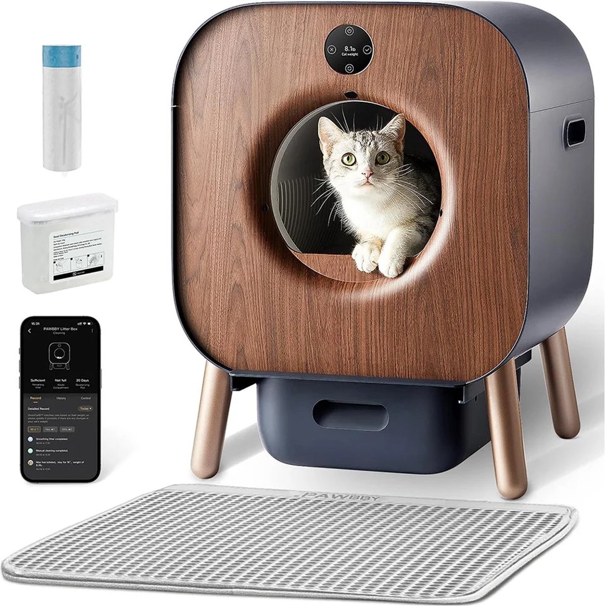 Hanimo Automatische Kattenbak – Zelfreinigende Kattenbak – Electrische Kattenbak – Robot Kattenbak – App Bediending – XL – Houtkleur – 49x49x64cm – 8,6L