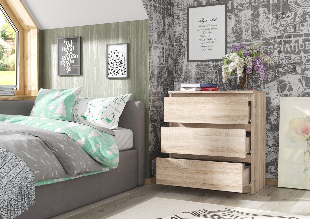 Pro-meubels - Ladekast Norton - Licht eiken - 70cm - 3 lades - Commode - Slaapkamer - Opbergkast - Kast