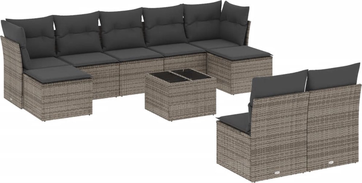 The Living Store 10-delige Loungeset met kussens poly rattan grijs - Tuin Lounge Set - Loungebank - Buitendecoratie - Buitenkamer - Garden Furniture