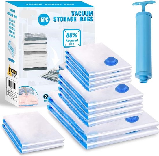 Vacuümzakken voor kleding met pomp, 12 stuks vacuümzakken voor donzen dekbedden, herbruikbare reiskleding, 4 l 4 m 4 S vacuümzakken voor het verplaatsen, reizen en bewaren van donsdekbedden