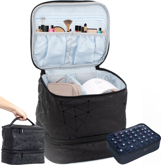Wikoo® Étui organisateur de Vernis à ongles - Beauty Case - Trousse de maquillage - 24x24x21cm - Compartiments réglables - Format voyage - Zwart