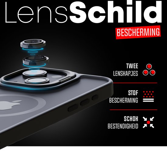 Coque de téléphone adaptée à iPhone 15 - Ensemble 2 en 1 - Coque + 2 Protecteurs d'appareil photo - Étui MagSafe - Avec support de téléphone - Zwart - Transparent