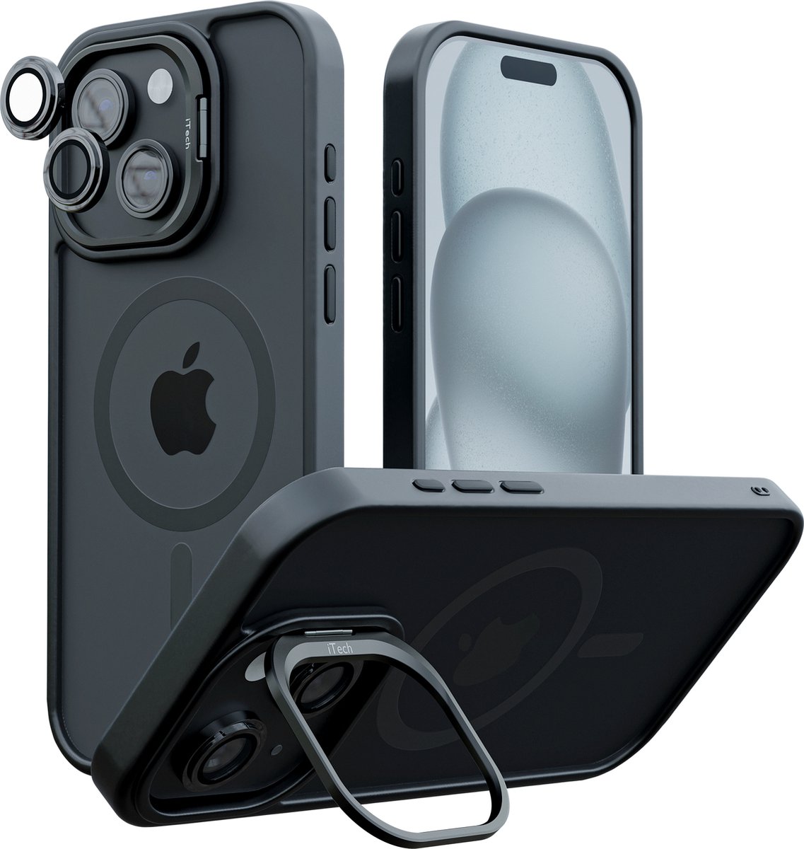 Hoesje geschikt voor iPhone 15 Transparant – Geschikt voor MagSafe - Zwart + 2 Camera Protector – Met Telefoonstandaard