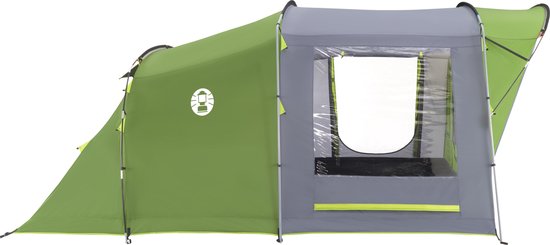 Gedetailleerde voorkant van een groene en grijze familietent met een transparant raam.