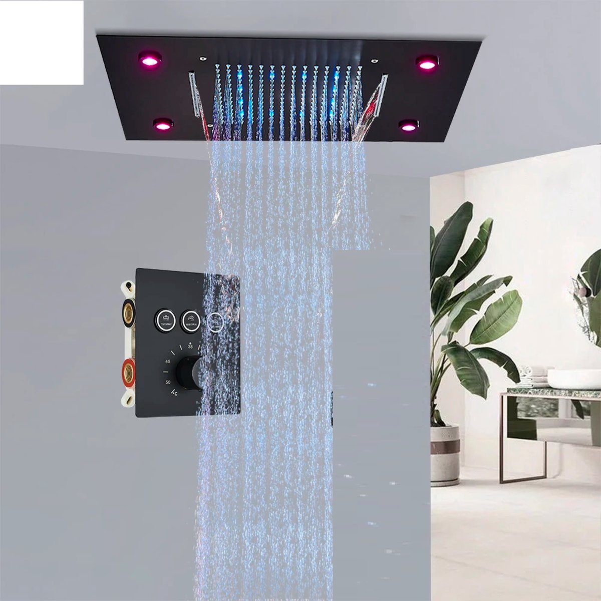Chesoon LED douchekop waterbesparende regendouche vierkant ABS chroom voor badkamer (blauw