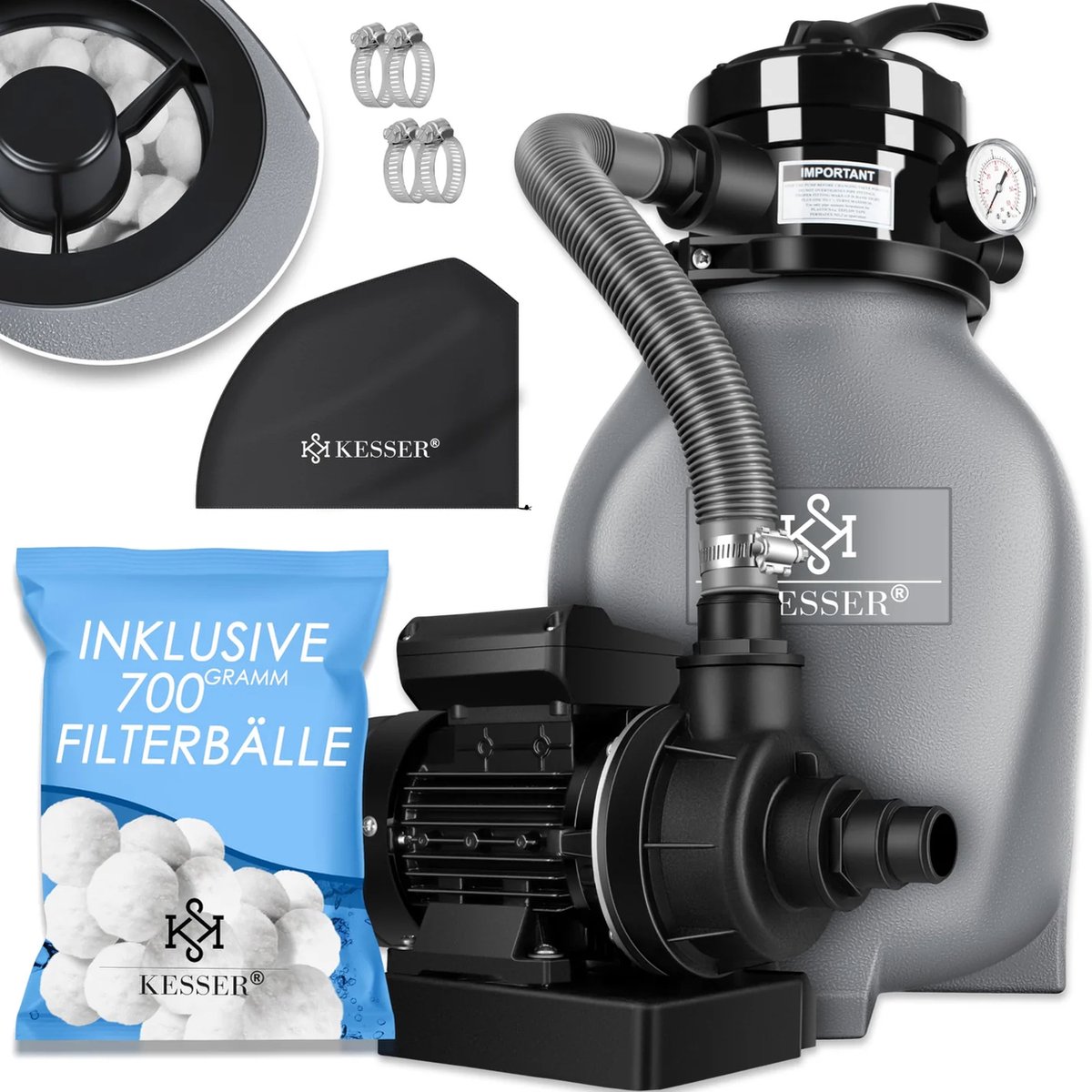 KESSER® Zandfilter Zandfilterinstallatie + 700g Filterballen als vervanging voor 25kg filtersand - Zwembadfilter 10 m³/h Filterinstallatie Filtervat voor zwembad met 4-wegklep, eenvoudige bediening