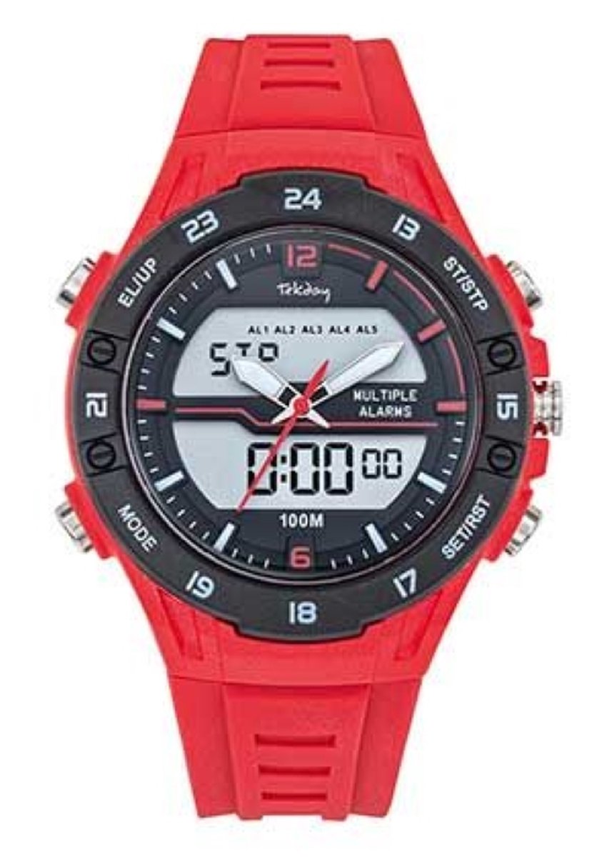 Tekday-Horloge-Digitaal-Analoog-42MM-Multi Alarm-10ATM Waterdicht-Stopwatch-Timer-Rode Silicone band-Rood-Zwart