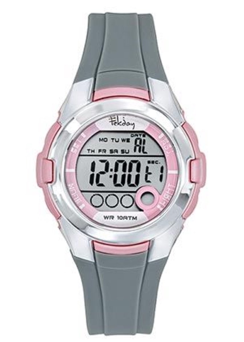 Tekday-Horloge-Digitaal-37MM-Stopwatch-Alarm-Timer-Silicone band-Grijs-Roze-Zilverkleurig