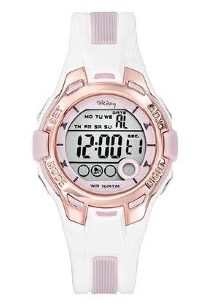 Tekday-Horloge-Digitaal-37MM-Stopwatch-Alarm-Timer-10ATM Waterdicht-Wit-Rose