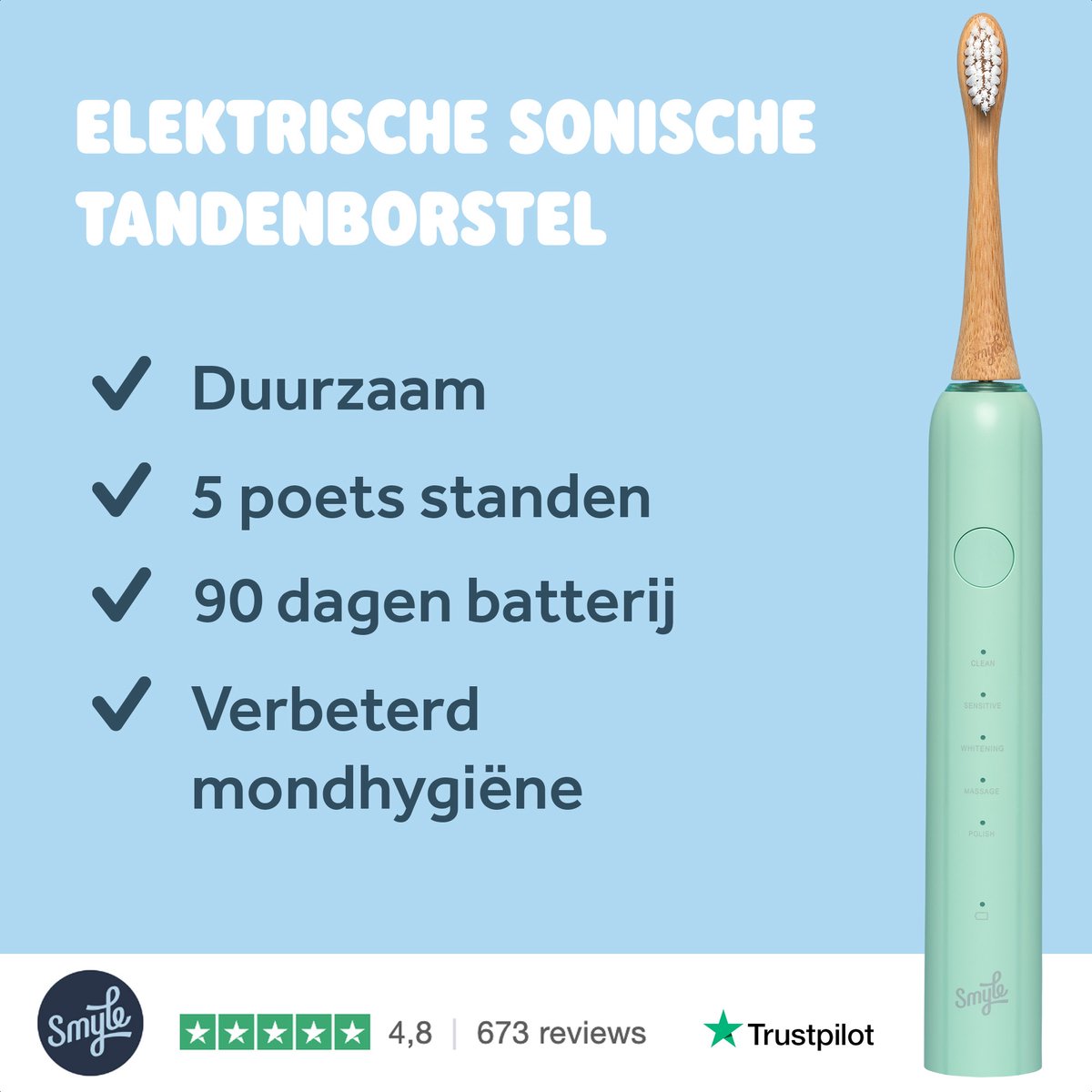 Afbeelding 2 van Smyle Sonische Elektrische Tandenborstel met Lange Batterijduur en Druksensor - Duurzaam en Effectief Poetsen - Mint Groen