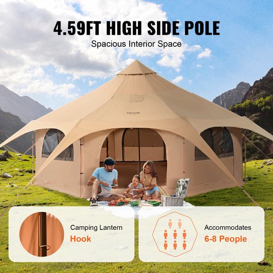 VEVOR Bell Tent 5 X 2,8 M Yurttent Tc Katoen en Zware Ijzeren Palen Met Een Oxford-Doek Grondzeil Campingtent 8-Persoons Familietent 8 Raamgroeptent voor Buitenavonturen van Vevor — afbeelding 3
