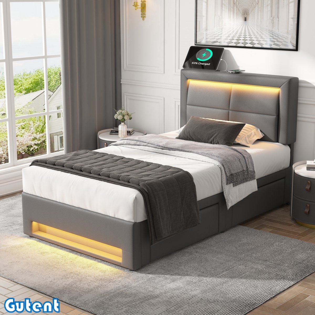 Gutent Eenpersoonsbed-90x200 cm-Rechargeable-LED-Verlichting-Vier lades-Geen matras-PU-Grijs