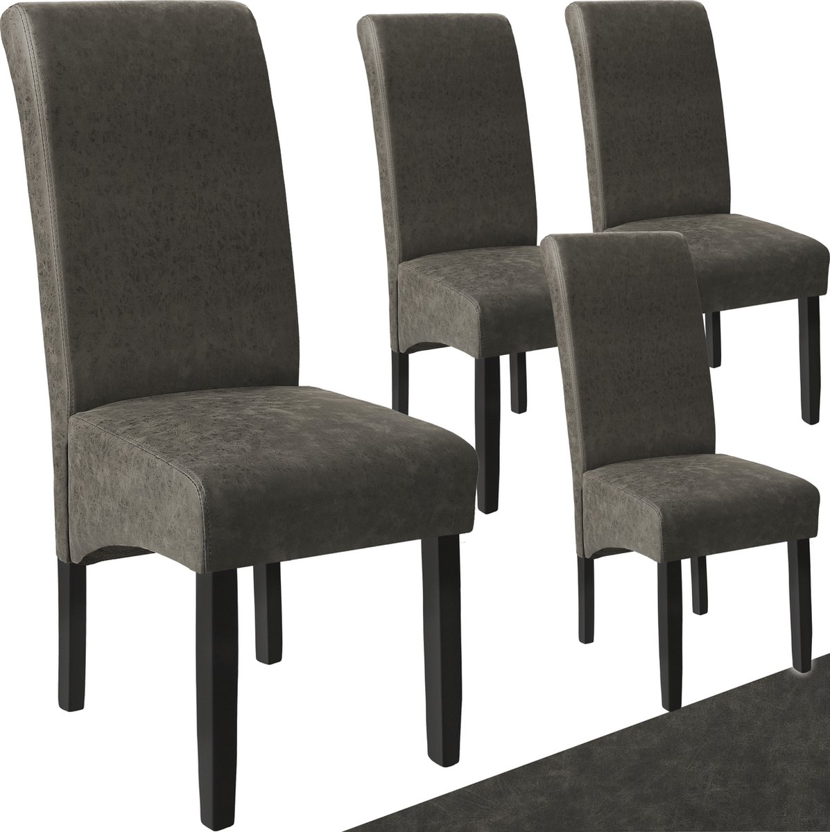 tectake® Eetkamerstoel - Comfortabele kunstleren stoel met hoge rugleuning - Keukenstoel voor keukentafel - Gestoffeerde keukenstoel - Diverse kleuren en sets - Maximale belasting 120 kg - Afmeting (LxBxH) 44 x 63 x 106 cm - Set van 4 - Grijs